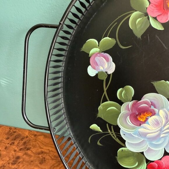Vintage Toleware Tray Handled Reticulated Fine Arts Studio Hand-Painted Floral - Picture 3 of 8